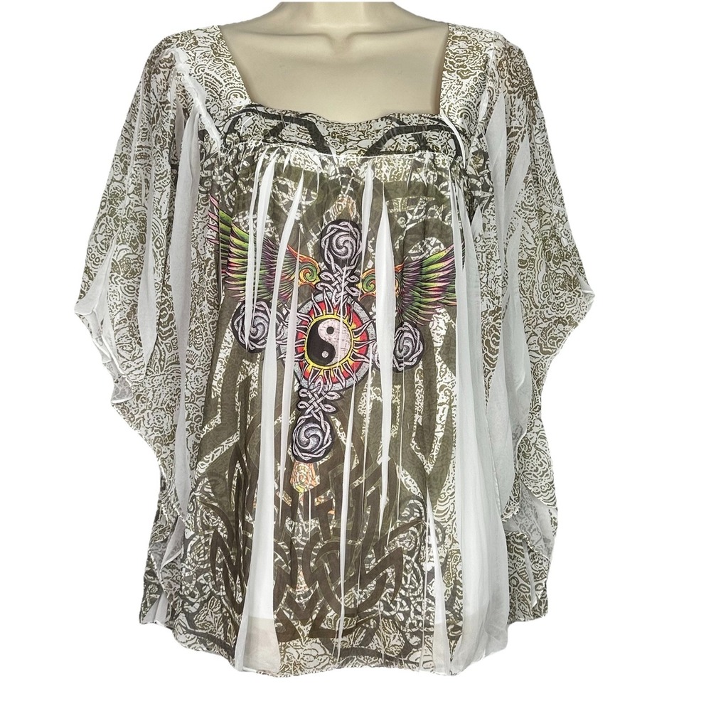 Too Mi USA NWT Boho Sheer Blouse 1X Plus Size Yin Yang Wings Kimono Festival Top